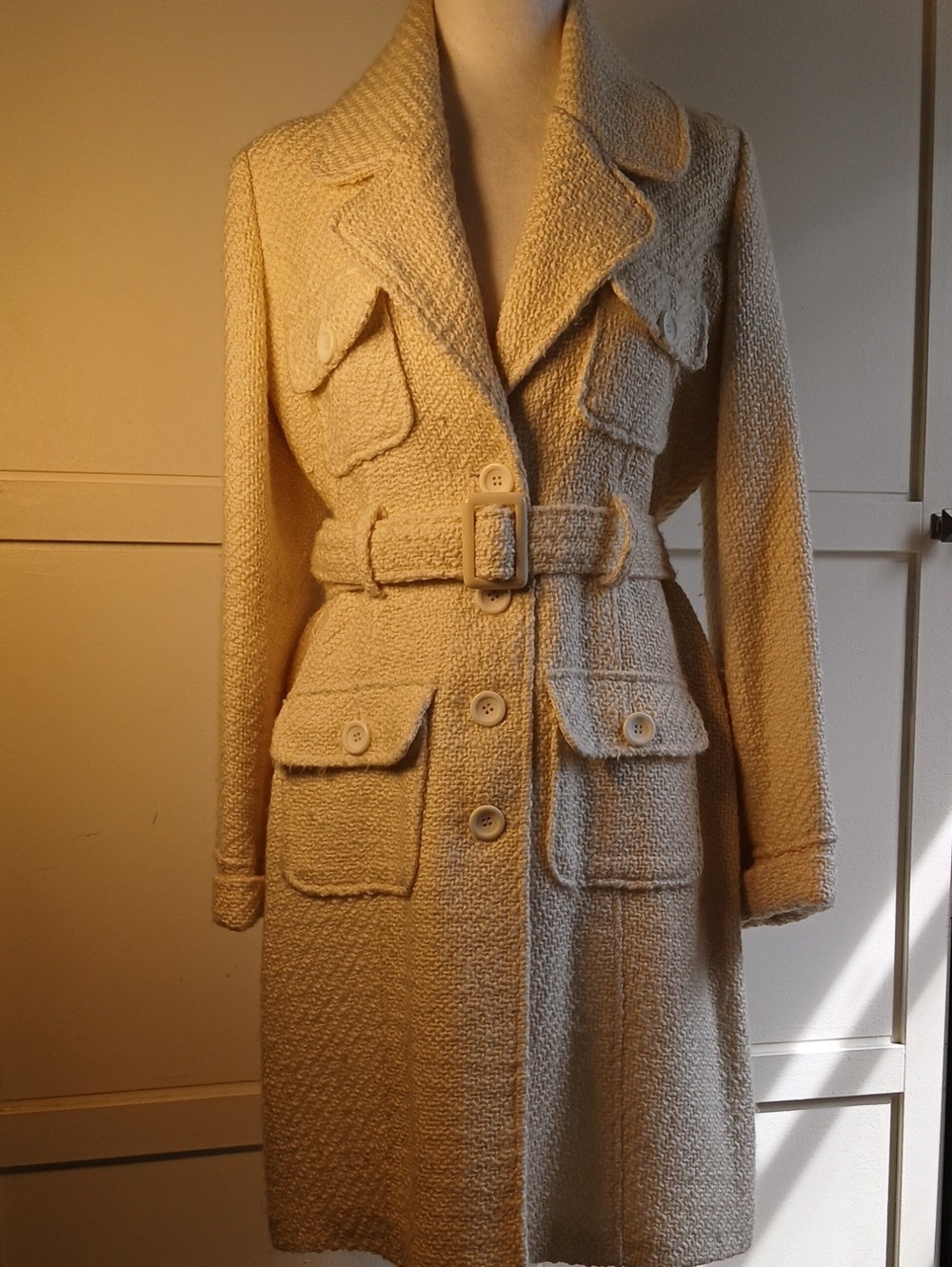 Women's Cream Textured Belted Coat